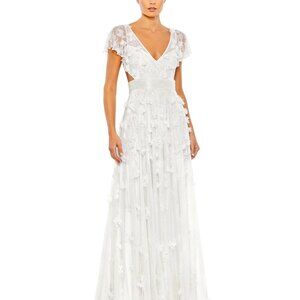Mac Duggal Bridal White Embellished 3D Floral Sequin Lace Up Gown NWT Size 6